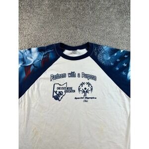 VINTAGE Special Olympics Shirt Mens 2XL White Ohio Fireworks Eagle Print FLAW